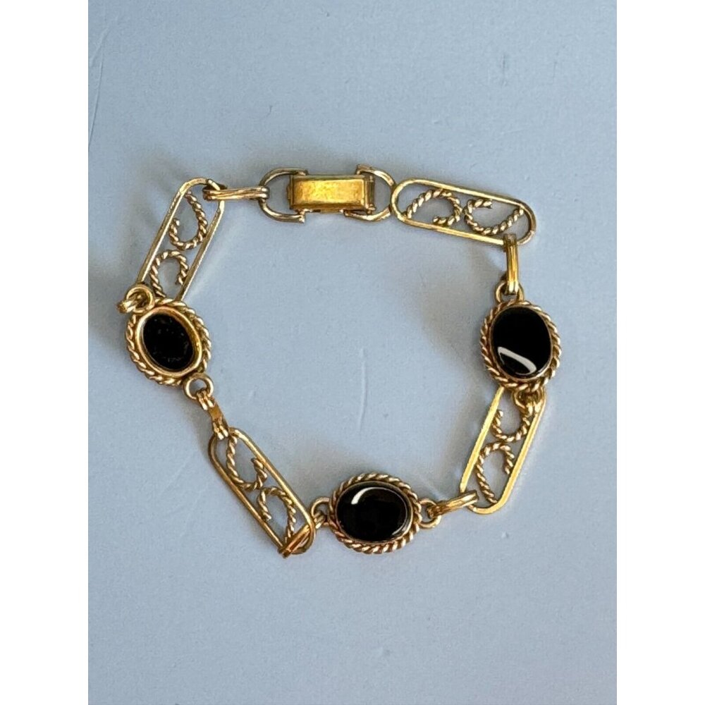 Vintage Van Dell 14K GF Yellow Gold Filigree Jet Black Onyx Link Bracelet 7 1/2" - Picture 3 of 5